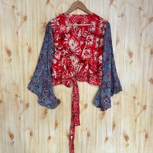 Women's Wear Silk Shirt • Retro Psychedelic Print Long Sleeve Shirt Boho Top • Festival 60s 70s Clothing • Tie Up Silk Crop Top