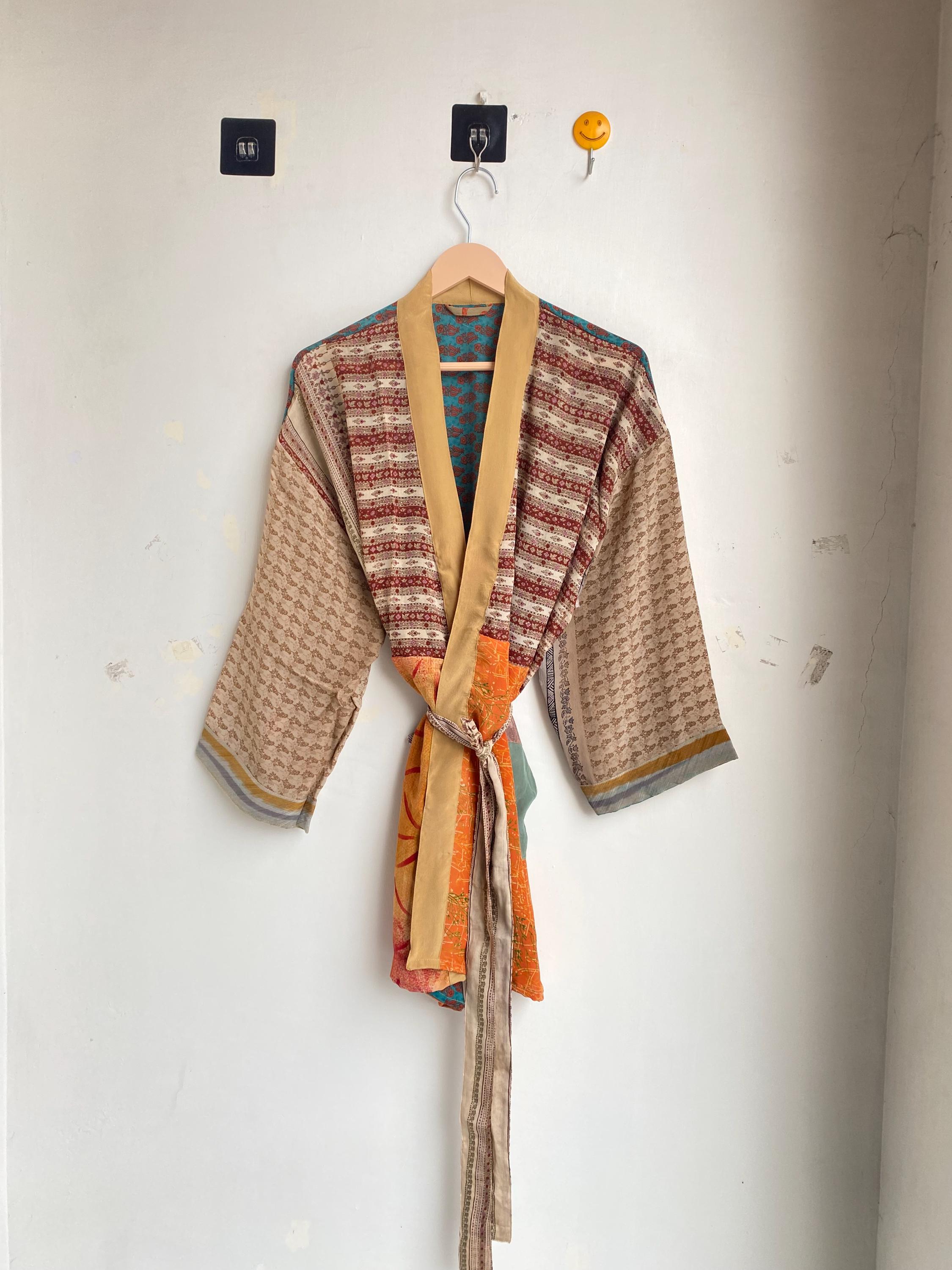 Short Vintage Silk Kimono Robe: Recycled Summer Wear Short Kimono, Indian Short Silk Kimono Robe