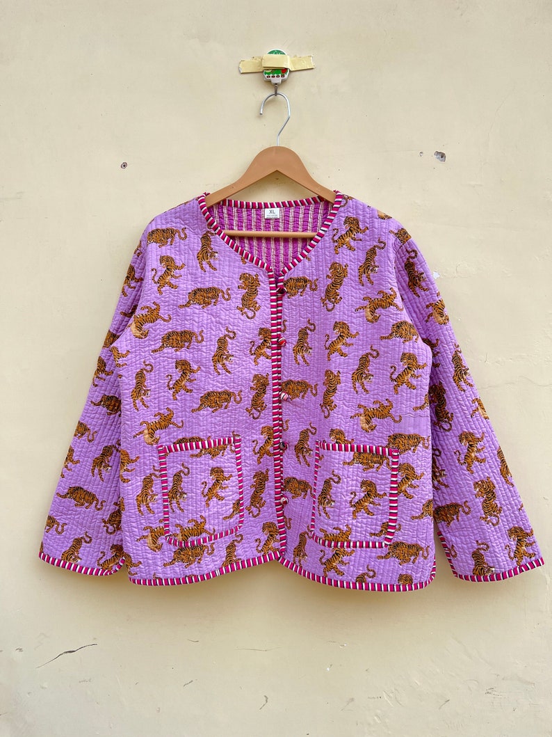 Handmade Indian Cotton Block tiger Print Quilted Jacket , Boho coat ,Winter Wear Jacket , Full Sleeve jacket , Two Front pockets zdjęcie 1