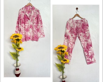 Ensemble pyjama rose en coton fait main à imprimé floral Vêtements de nuit confortables pyjama pour demoiselles d'honneur pyjama pour dames luxueux pyjama en coton indien