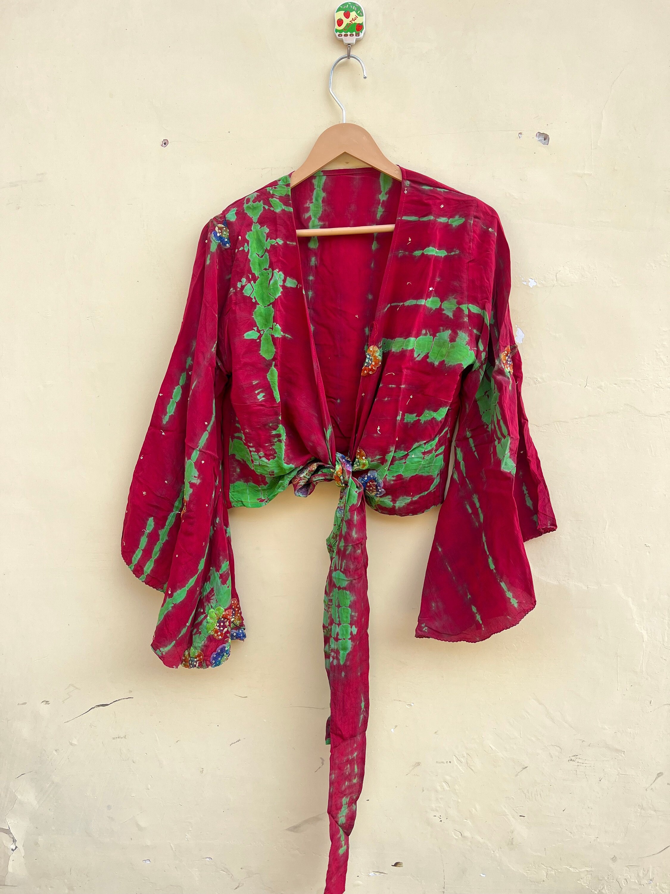 Silk Tie Dye Crop Top: Bohemian Bell Sleeve Wrap, Vintage Red & Green Silk Crop Top, Recycled Silk Top.