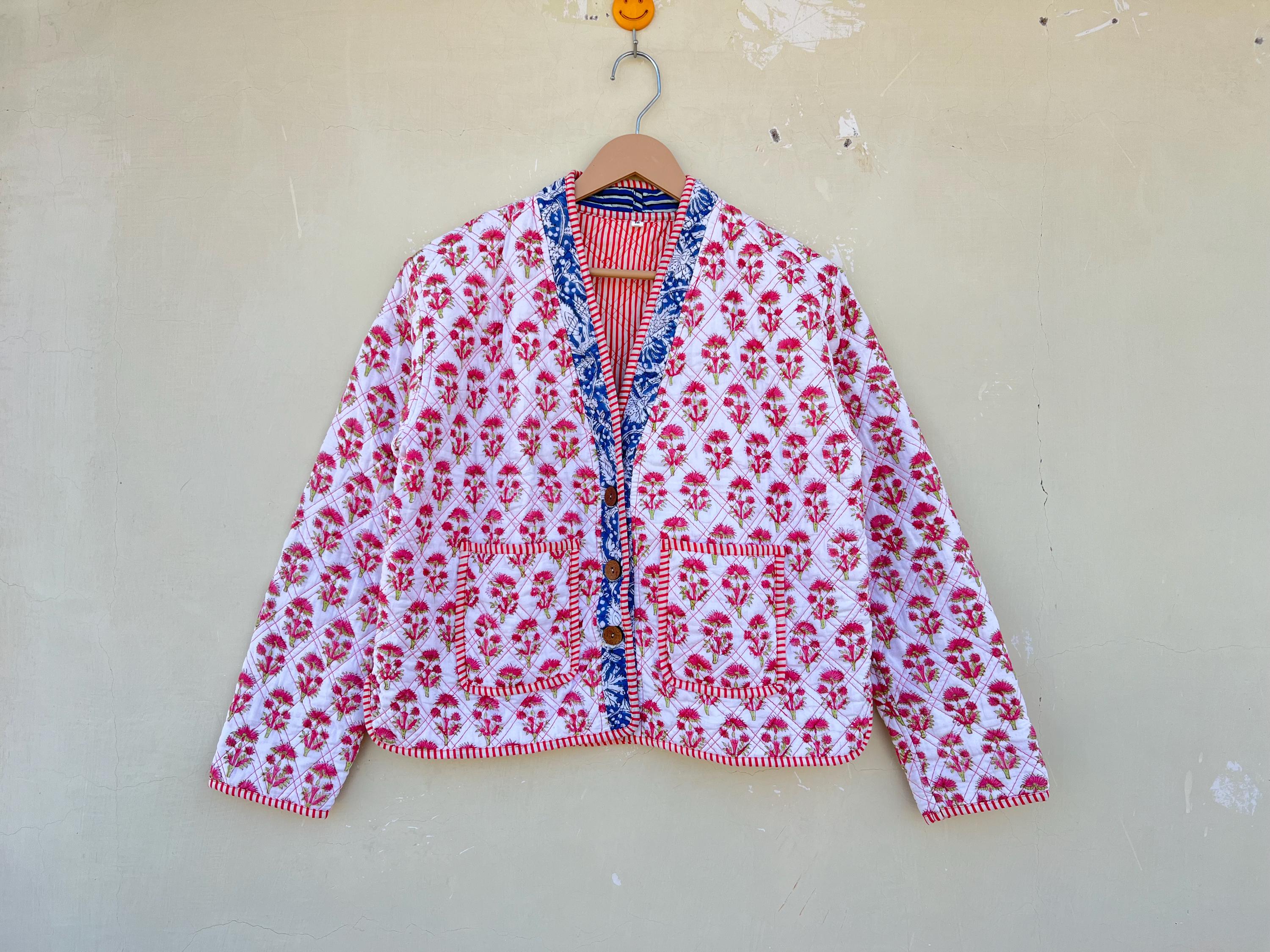 Floral Hand Block Print Cotton Quilted Jacket - Boho Indian Coat