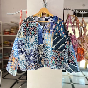 Recycled Cotton Patchwork Jacket: Blue Vintage Saree, Bohemian Coat