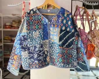 Recycled Cotton Patchwork Jacket: Blue Vintage Saree, Bohemian Coat