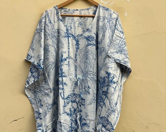 Hand Block Print Cotton Kaftan: Floral Beach Cover Up, Plus Size Maxi Dress