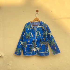 Indian Handmade Vintage Quilted Jacket , Coats ,New Style, Boho, Cotton Jacket Long Jacket Leaf Blue Stripe Piping