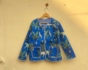 Indische handgemachte Vintage Steppjacke, Mäntel, neuer Stil, Boho, Baumwolljacke Lange Jacke Blatt Blauer Streifen Paspel