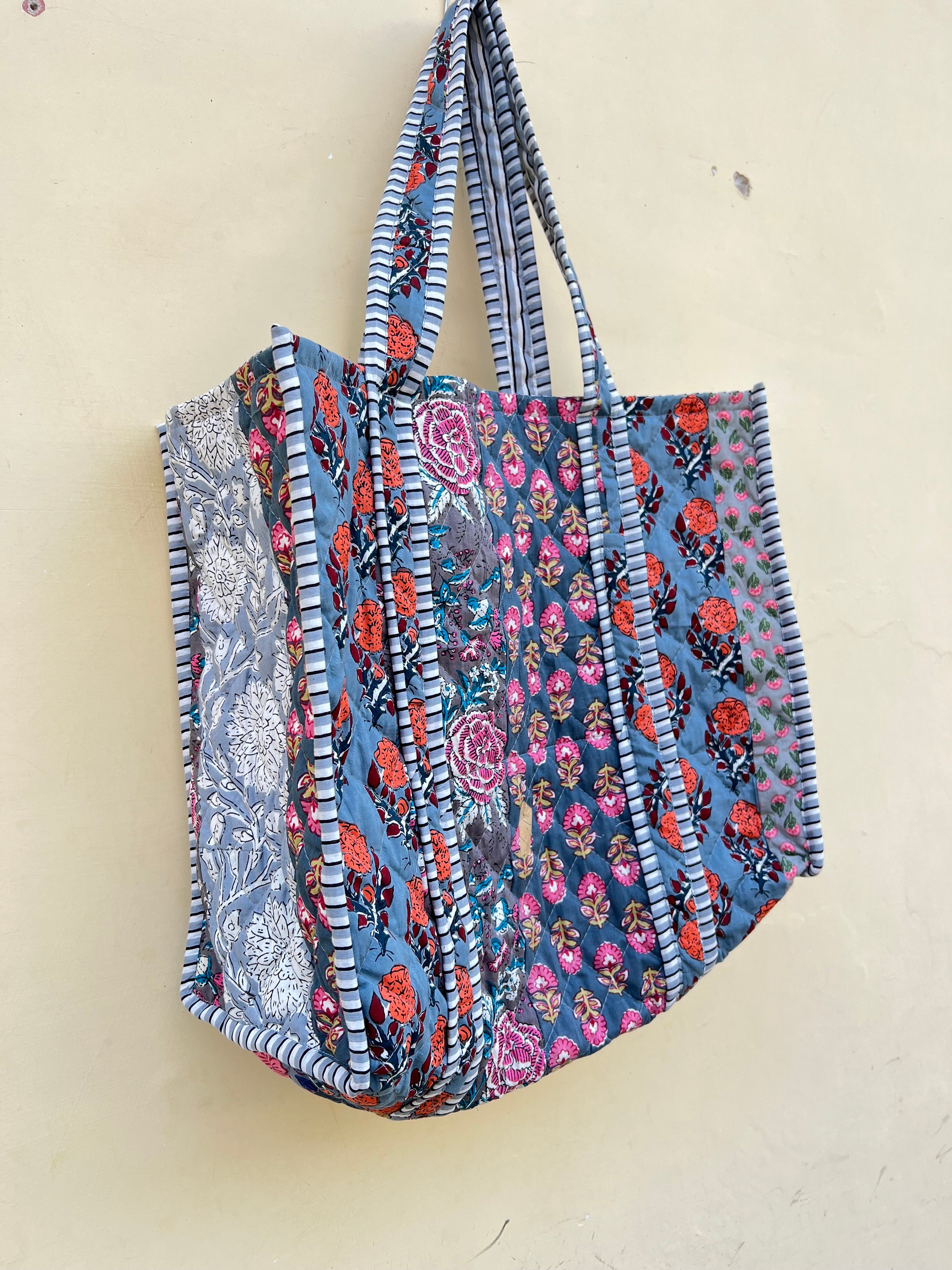 Handmade Block Print Cotton Tote Bag: Quilted Floral Travel