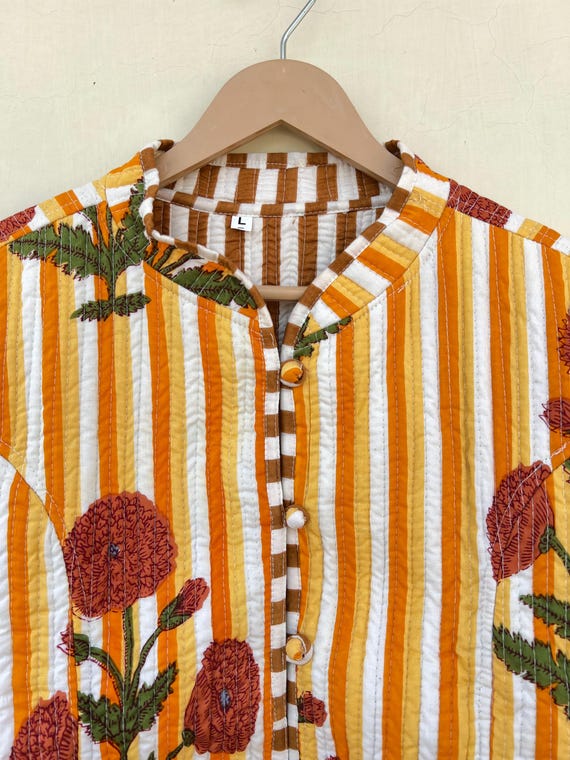 Yellow Block Print Quilted Cotton Jacket: Indian Handmade