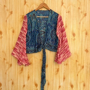 Handmade Silk Sari Crop Top: Boho Bell Sleeves Tie Top