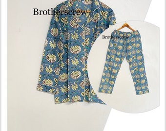 Baumwolle indische Frauen Blumen Print Pyjama-Set, Geschenk für sie, Brautjungfer Geschenk, bequemen Schlaf, Morgen Spaziergang Pyjama-Set