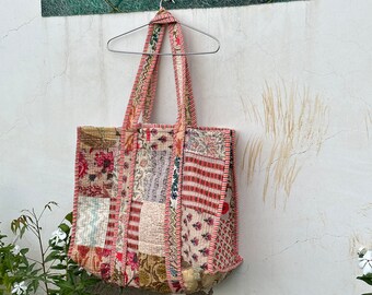 キルティングパッチワークトートバッグ：ハンドメイドコットン