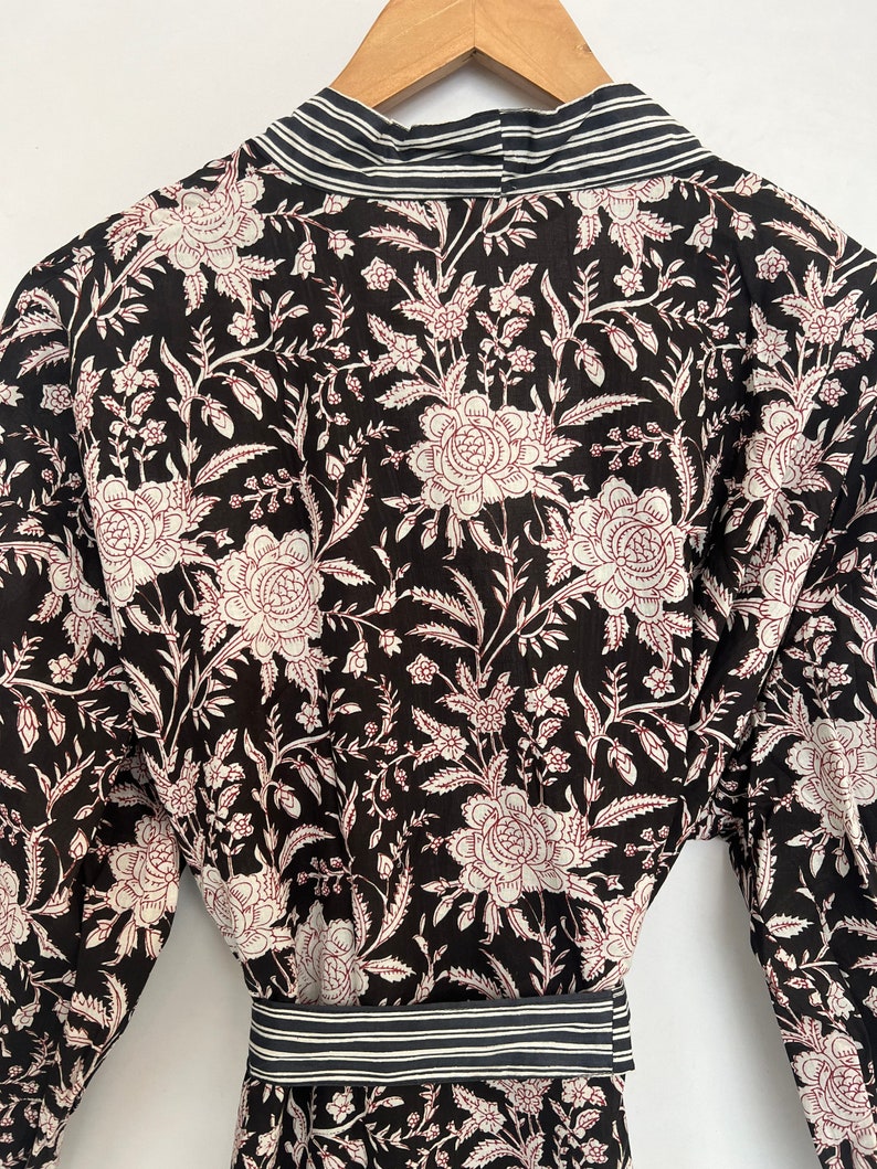 Black cotton Kimono, Floral Printed Vintage Boho LoungeWear Cotton Kimono Dress, Soft and Comfortable Nightwear for Summer, Bridesmaid Robes image 10