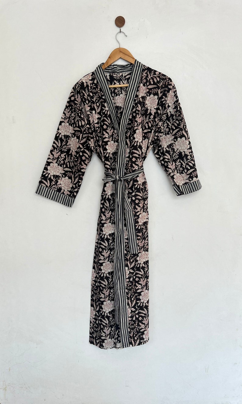 Black cotton Kimono, Floral Printed Vintage Boho LoungeWear Cotton Kimono Dress, Soft and Comfortable Nightwear for Summer, Bridesmaid Robes image 1