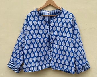 Manteau de veste matelassé en coton imprimé réversible à la mainVeste, manteau indigo Cotton Block Print, veste courte, veste pour femme, cadeau de Noël