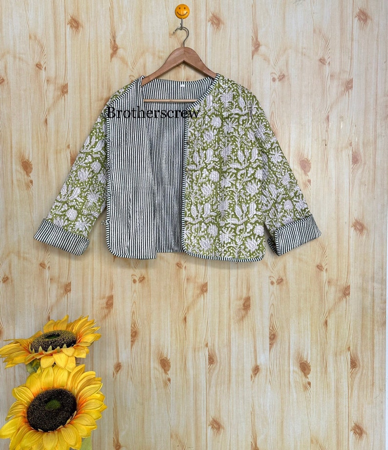 Reversible hand block print cotton quilted jacket coatJacket, Cotton Sari Kantha Coat, Short Jacket image 1