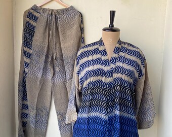 Hermoso conjunto de pijama de seda estampada, kimono de seda con pijama, vestido de resort, bata corta de seda y pantalón, conjunto de kimono de dama de honor.