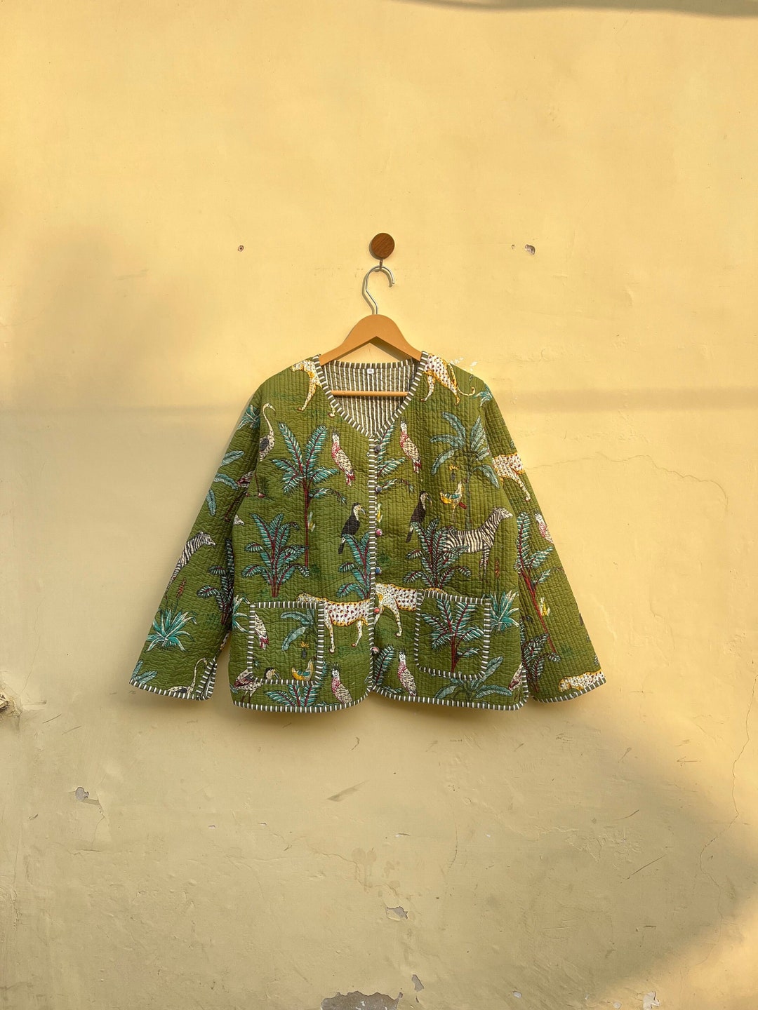 Cotton Quilted Jacket Women Wear Front Open Kimono Stripe Piping