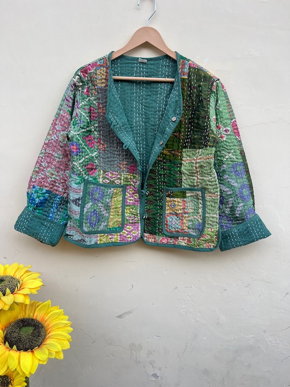 Handmade Patchwork Kantha Jacket: Vintage Silk Sari, Cotton Coat