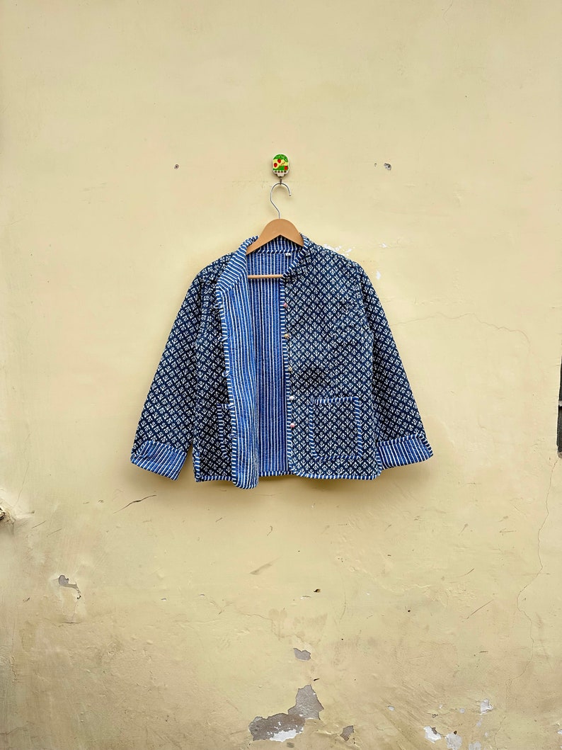Giacca indiana con stampa a blocchi vintage Giacca collor, giacca Bohemein, giacche a righe. Blu immagine 3