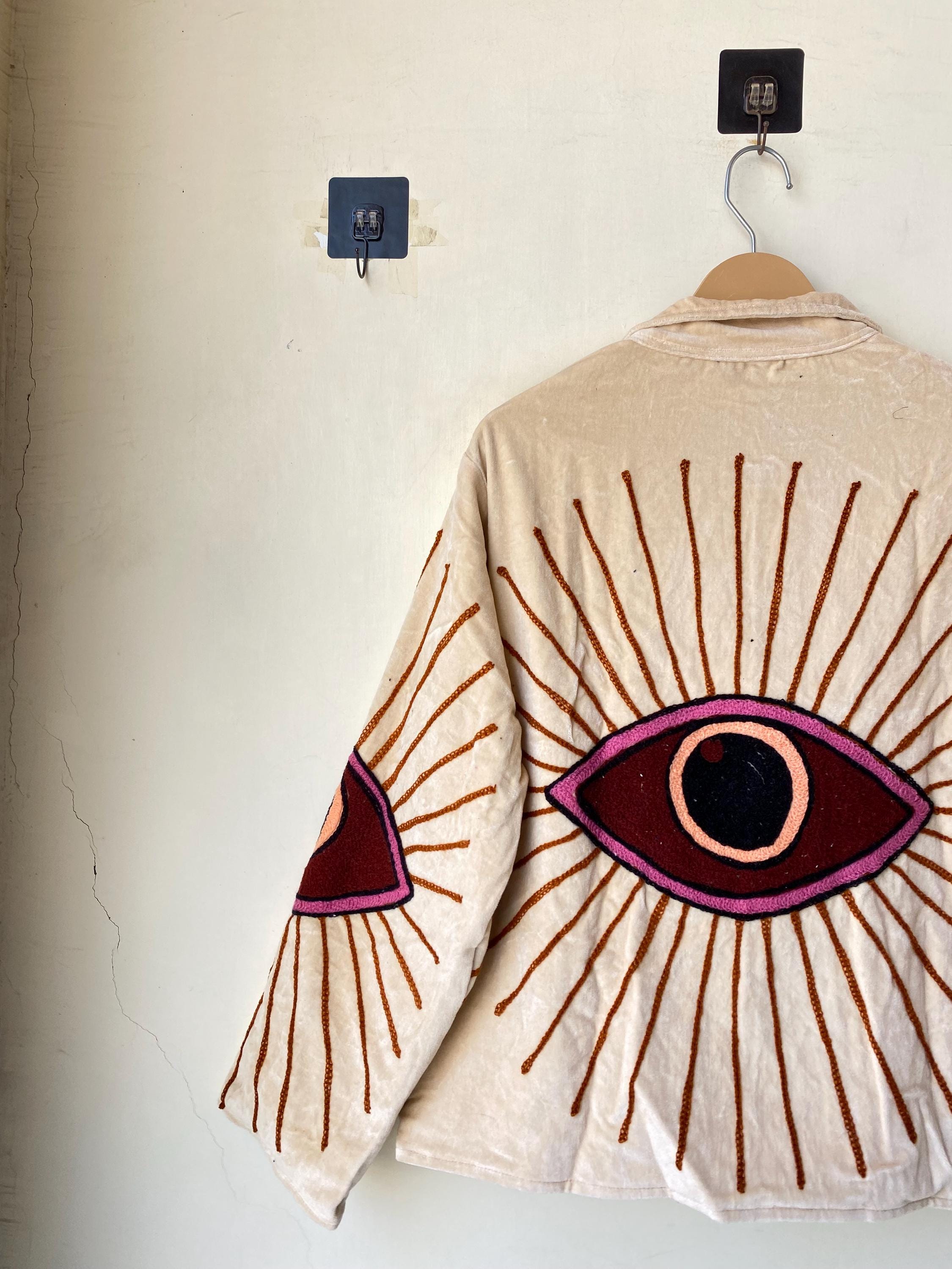 Halloween Jacket, Cotton Velvet Suzani Embroidered Evil Eye Jacket