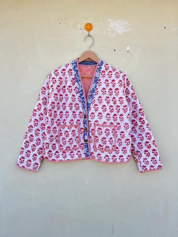 Floral Hand Block Print Cotton Quilted Jacket - Boho Indian Coat
