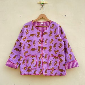Handmade Indian Cotton Block tiger Print Quilted Jacket , Boho coat ,Winter Wear Jacket , Full Sleeve jacket , Two Front pockets zdjęcie 3