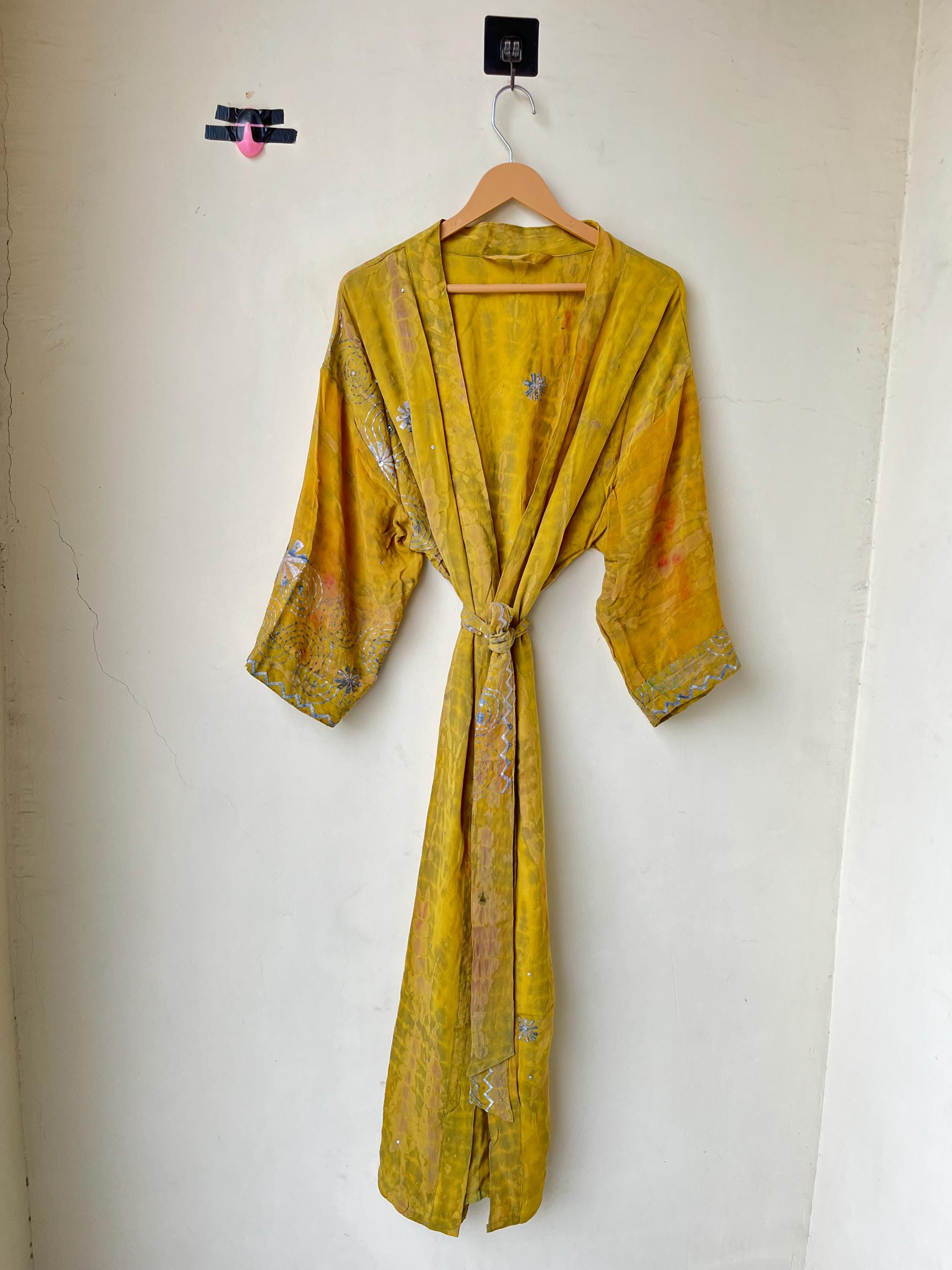 Silk Tie Dye Kimono Robe, Silk Sari Kimono, Bridesmaid Robe, Summer Beach Cover Up Kimono, Silk Lounge Wear Bathrobe, Vintage Long Kimono