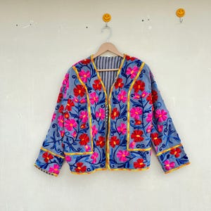 Handmade Suzani Embroidery Quilted Jacket: Floral Cotton Coat