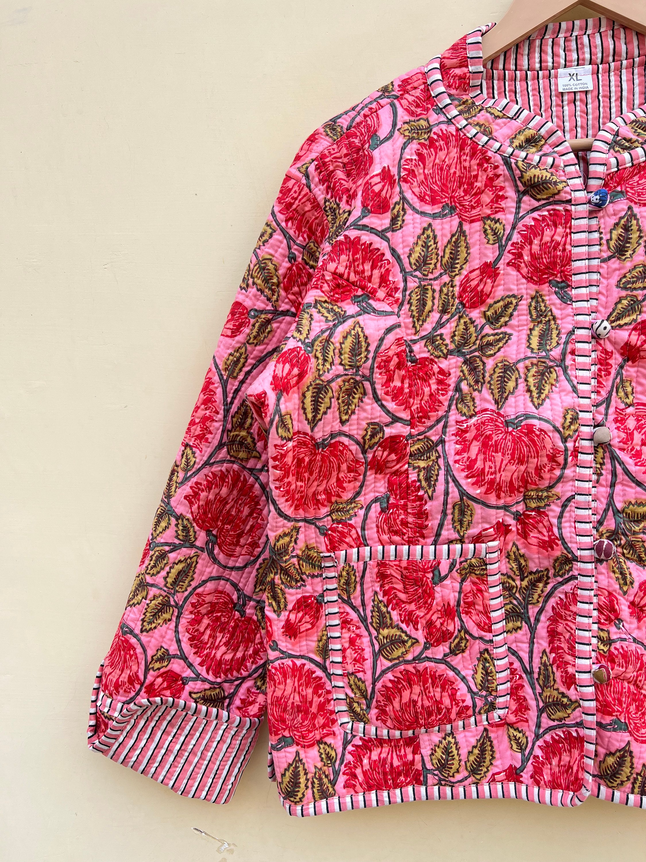 Reversible Block Print Cotton Quilted Jacket: Indian