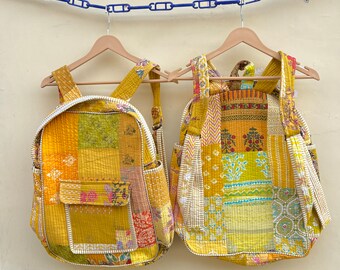 Yellow Patchwork Backpack: Handmade Indian Cotton Travel Bag