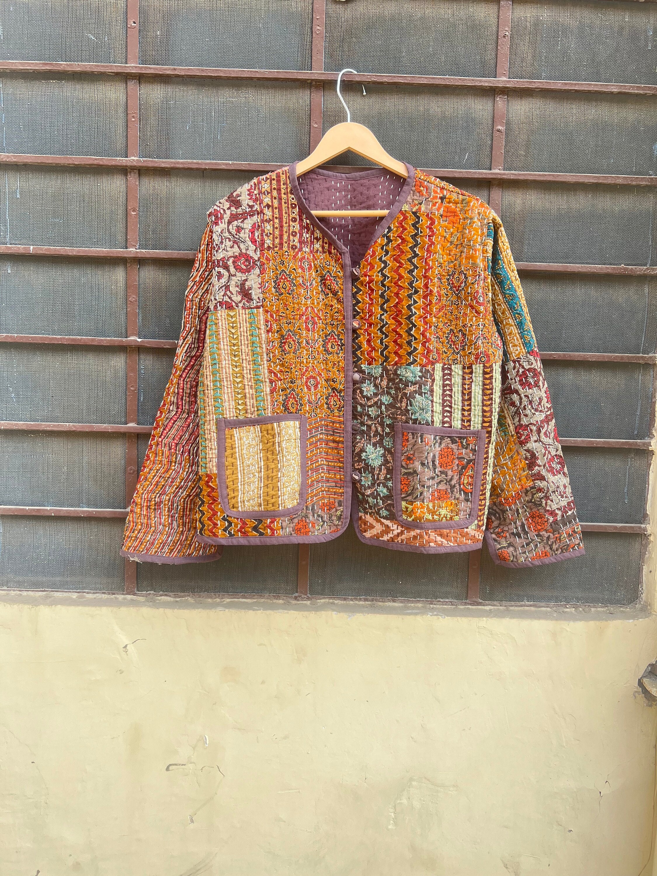 Handmade Kantha Quilted Jacket: Brown Patchwork Floral Cotton Coat
