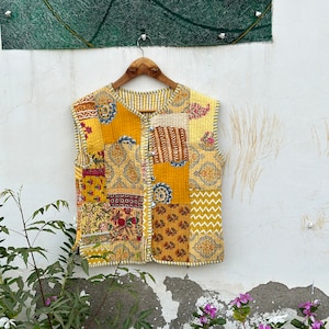 Yellow Patchwork Kantha Quilted Vest: Bohemian Indian Cotton Jacket