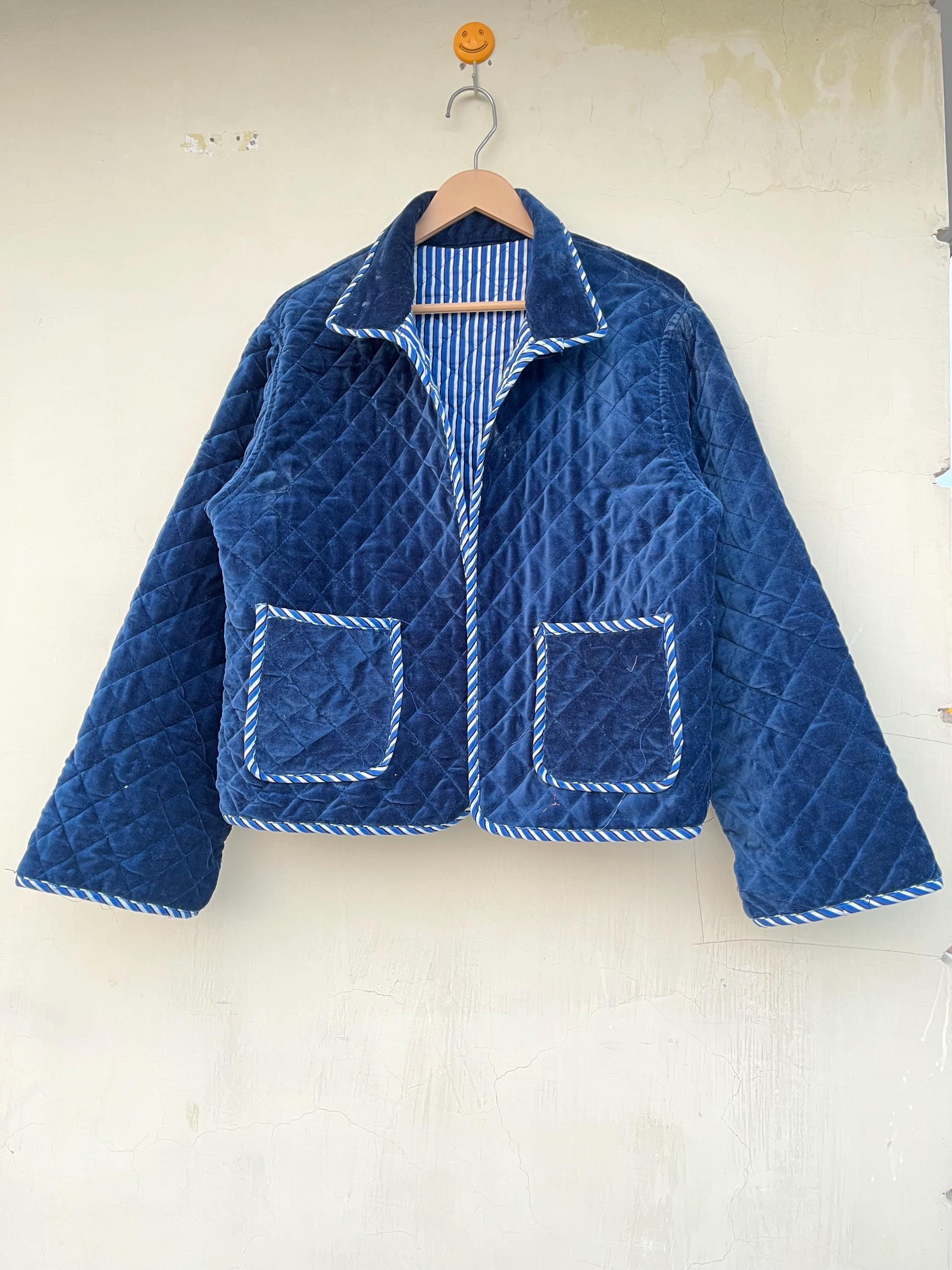 Handmade Cotton Velvet Quilted Jacket: Indian Block Print Boho