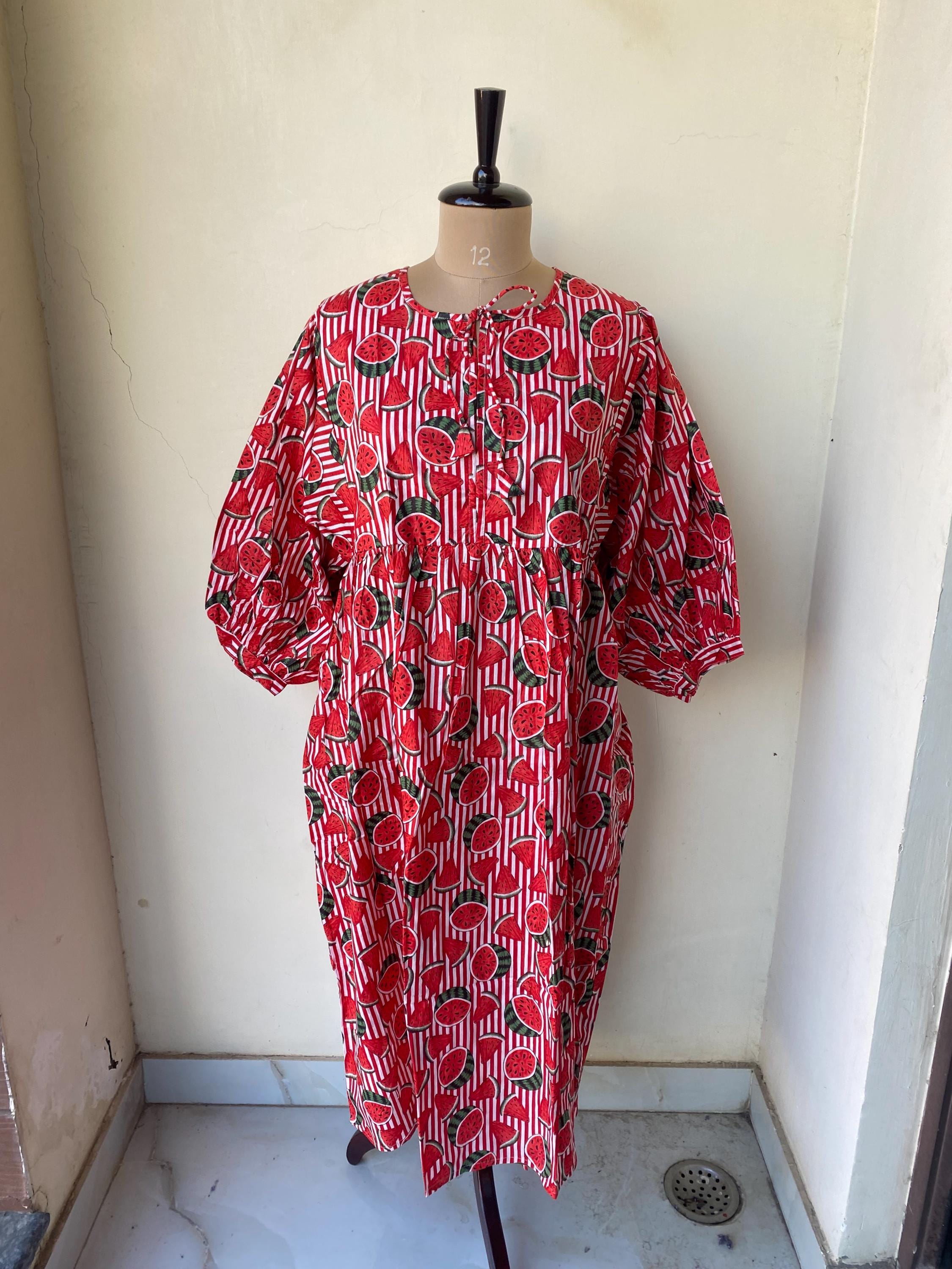Red Hand Block Print Kyra Midi Dress Bohemian Cotton Dress Dresses for Women String Closer Dress