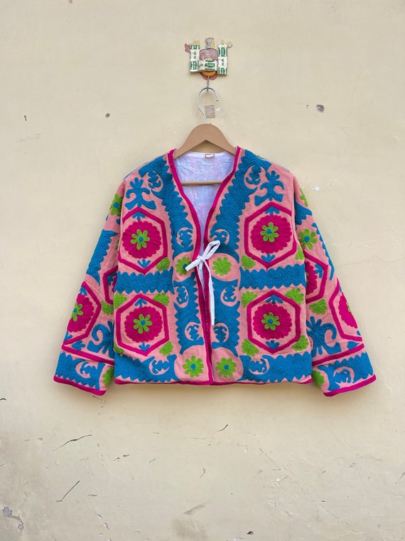 Handmade Suzani Embroidery Jacket: Pink Blue Cotton Coat