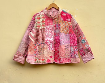 Floral Patchwork Quilted Cotton Jacket: Bohemian Style Handmade Coat