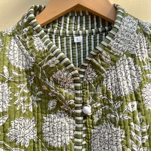 Groene en witte gewatteerde kraag jas vrouwen dragen streep leidingen handgemaakte vintage gewatteerde jas, jassen, nieuwe stijl, Boho dubbelzijdige slijtage, afbeelding 5
