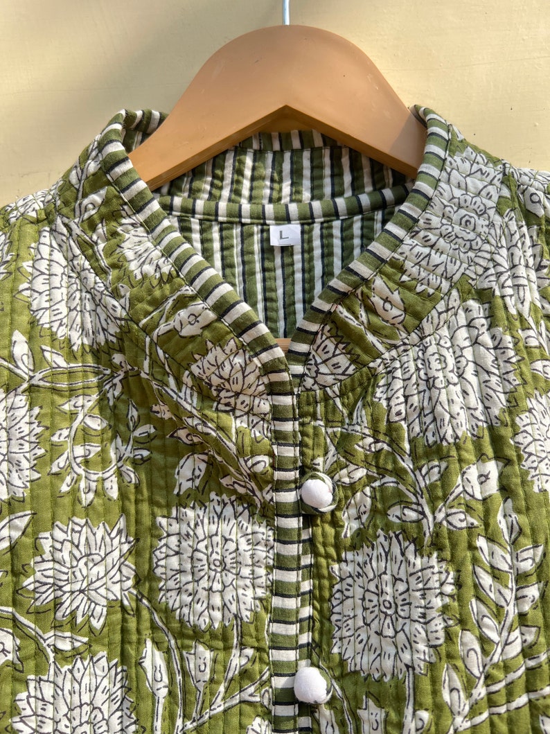 Groene en witte gewatteerde kraag jas vrouwen dragen streep leidingen handgemaakte vintage gewatteerde jas, jassen, nieuwe stijl, Boho dubbelzijdige slijtage, afbeelding 5
