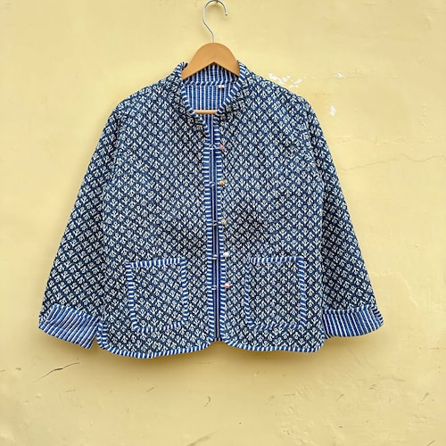 Organic Cotton Quilted Jacket: Reversible Indian Block Print