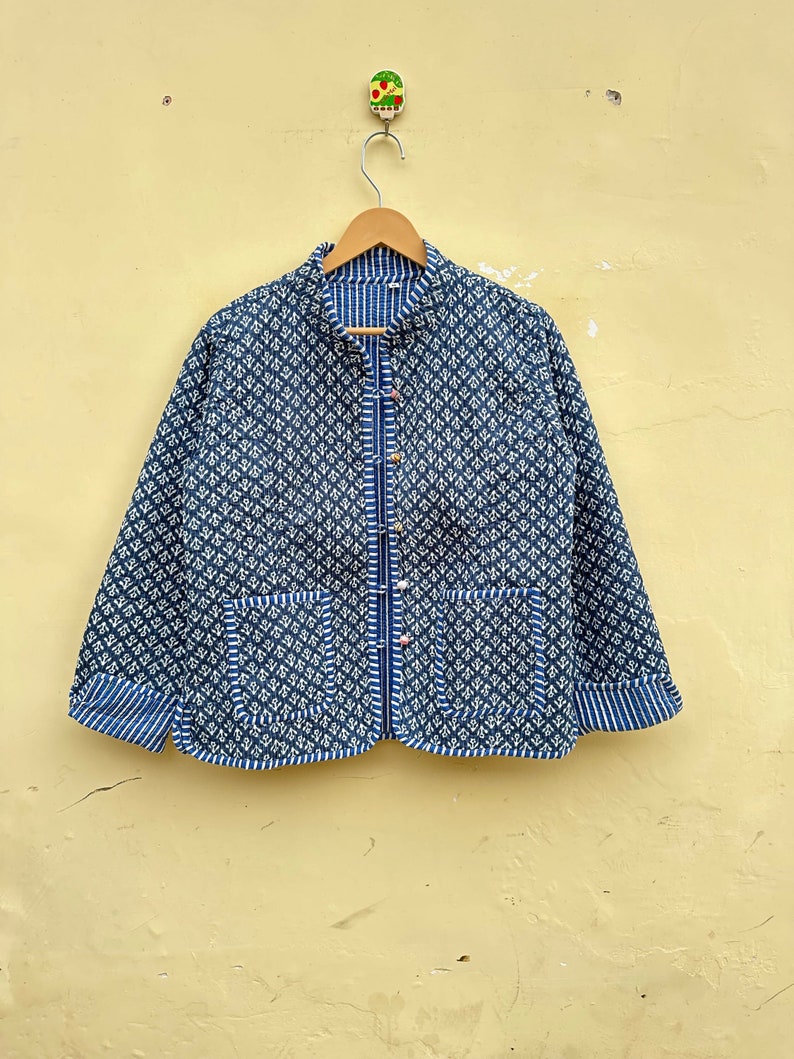 Giacca indiana con stampa a blocchi vintage Giacca collor, giacca Bohemein, giacche a righe. Blu immagine 1