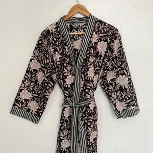 Black cotton Kimono, Floral Printed Vintage Boho LoungeWear Cotton Kimono Dress, Soft and Comfortable Nightwear for Summer, Bridesmaid Robes image 2