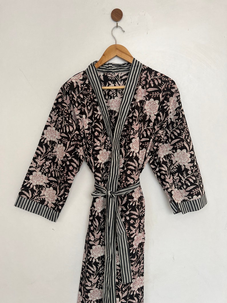 Black cotton Kimono, Floral Printed Vintage Boho LoungeWear Cotton Kimono Dress, Soft and Comfortable Nightwear for Summer, Bridesmaid Robes image 2