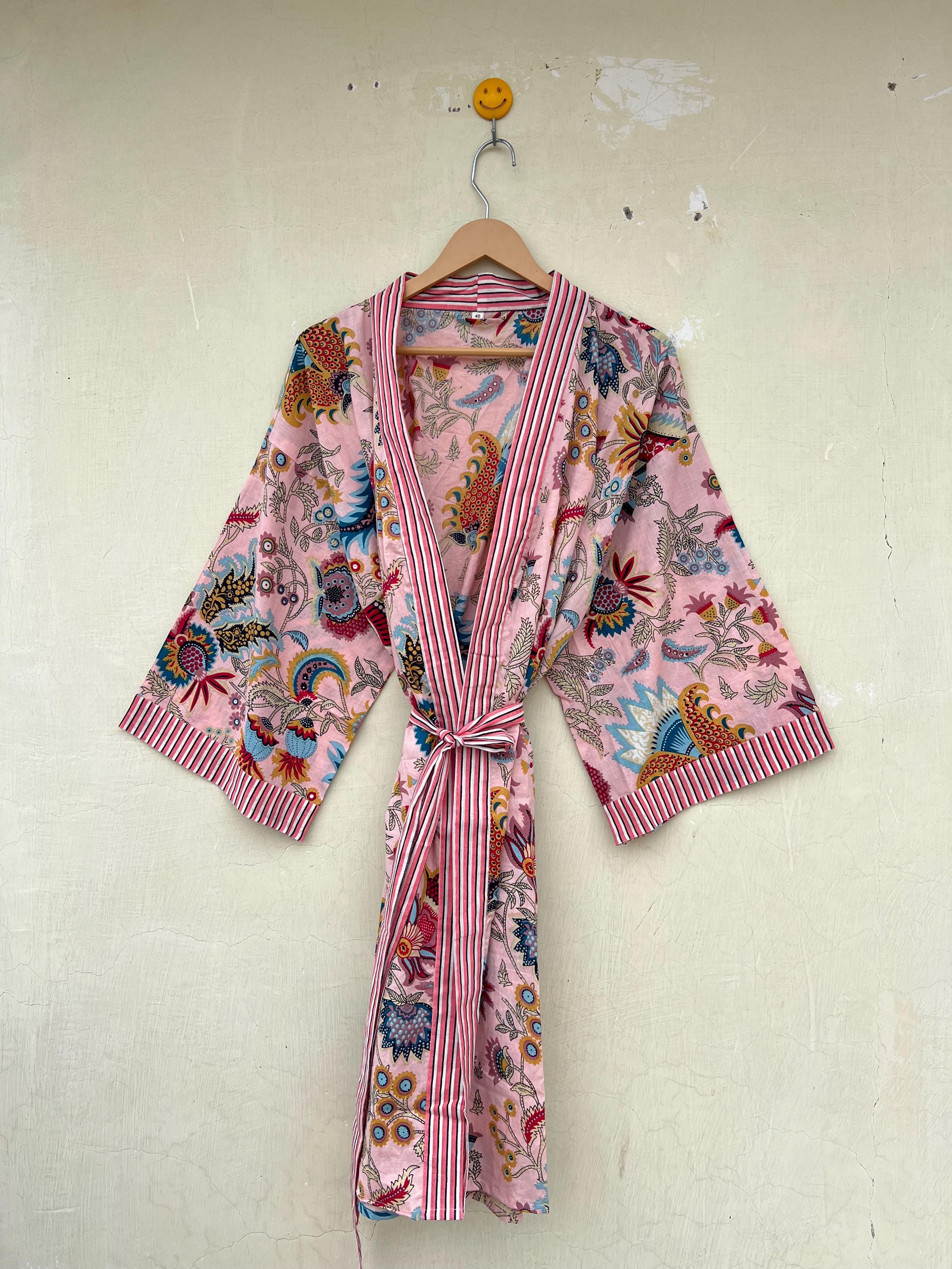 Hand Block Print Cotton Kimono Robe: Japanese Style Dressing Gown