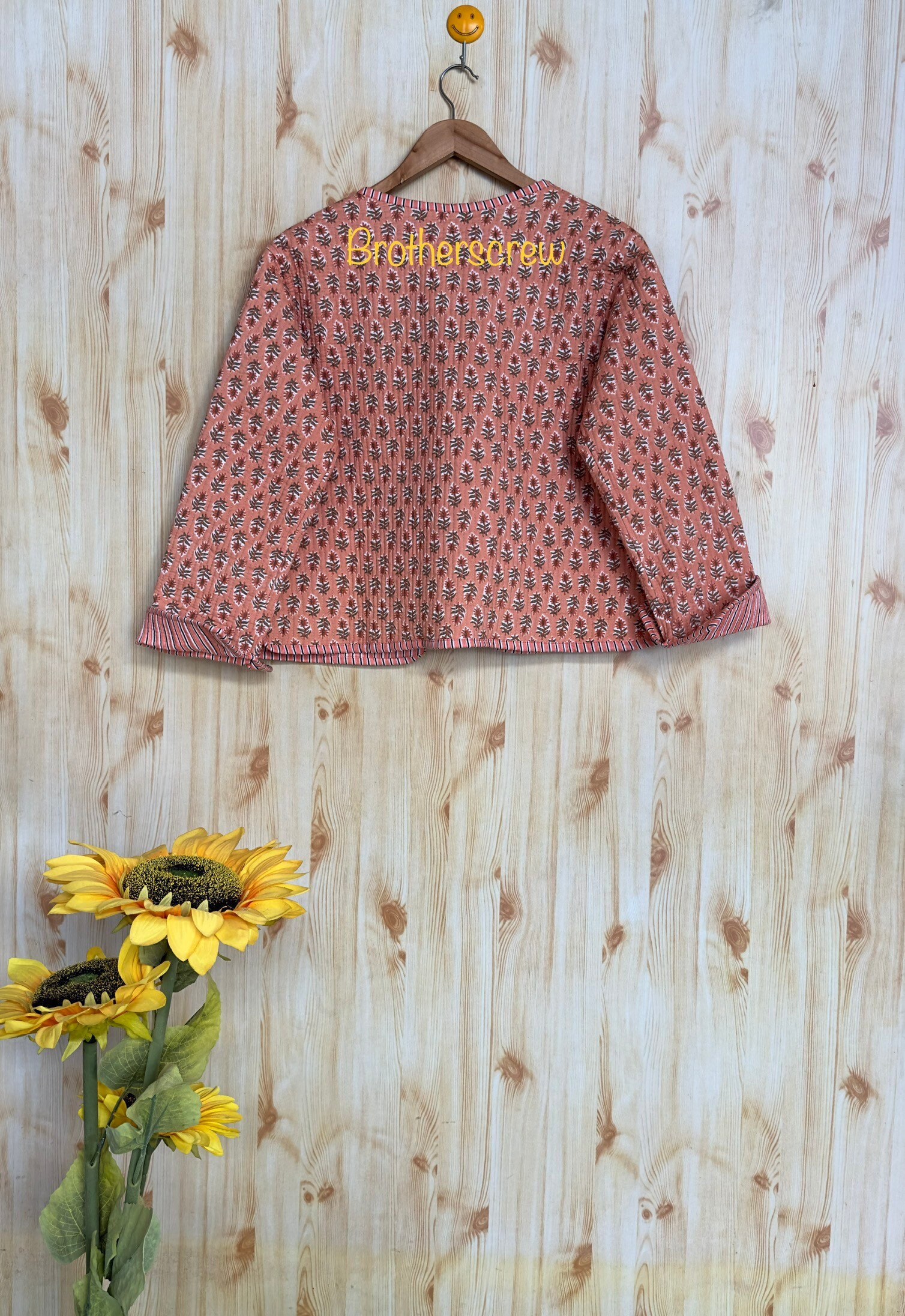 Indian Handmade Orange Vintage Blockprint Quilted Jacket