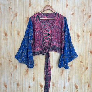 Boho Silk Tie-Up Crop Top: Bell Sleeves, Vintage Indian Fabric