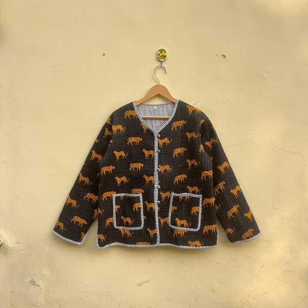 Couleur noire cousue à la main Indian Handmade Quilted Block Print Kantha Jacket & Coat, Winter Inside Lining Jacket, Veste réversible