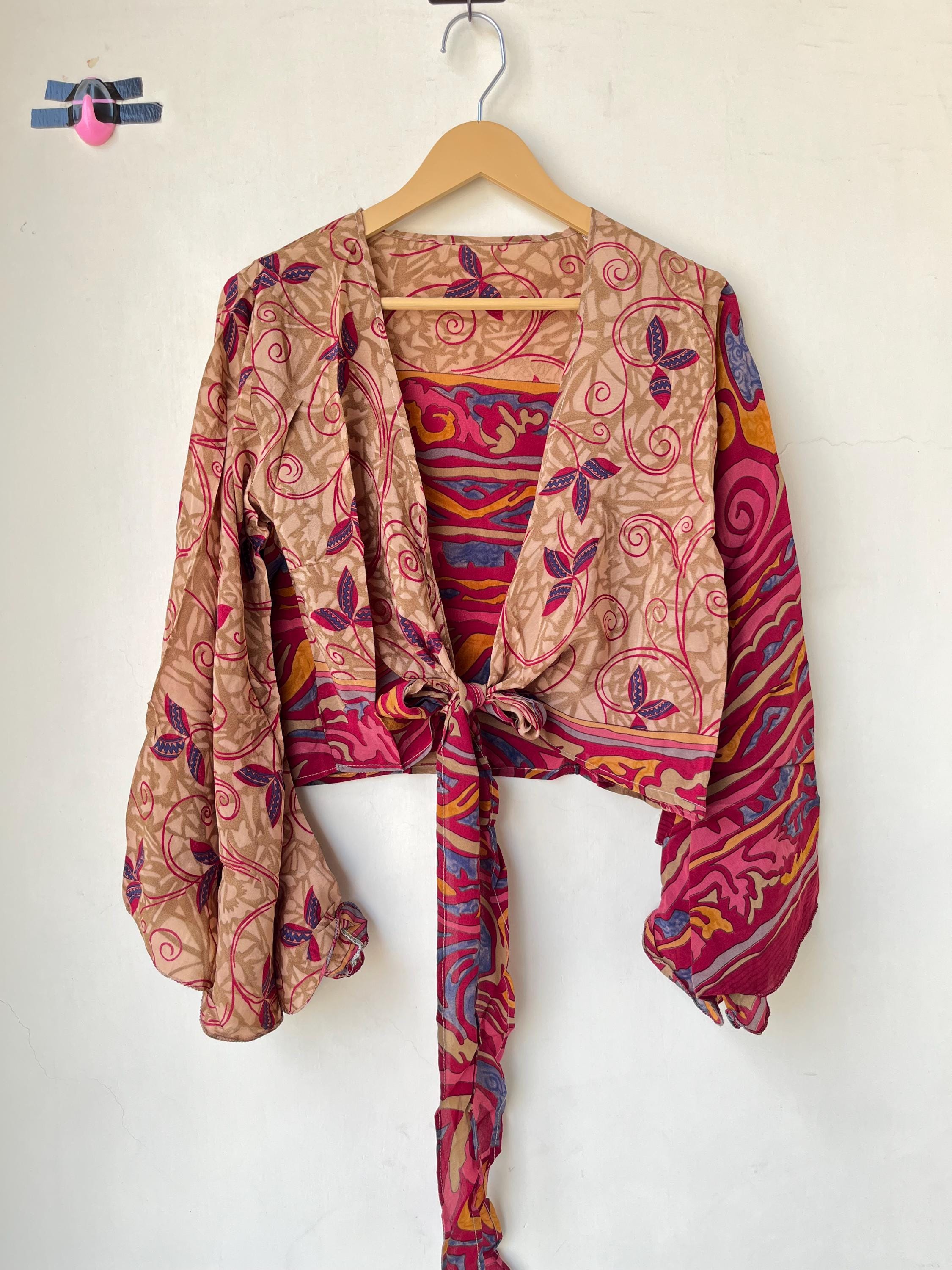 Crepe Silk Boho Crop Top: Bell Sleeve Tie Front Sari Top