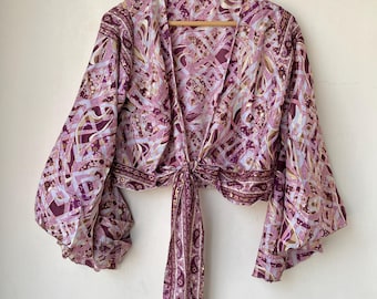 Recycled Silk Wrap Crop Top: Bell Sleeve Boho Hippie Blouse