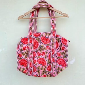 Quilted Duffle Tote Shoulder Patch Bag Cotton Handprint Floral Eco friendly Sustainable bag, Yoga Shopping Beach Artist Boho Weekend bag
